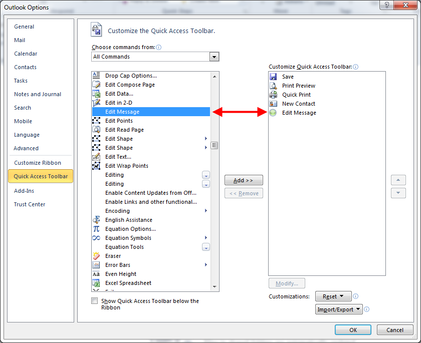 Outlook - Quick Access Toolbar - Edit Message