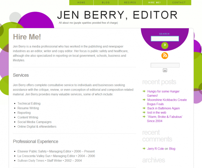 Jen Berry, Editor - Photo of Hire Me Page
