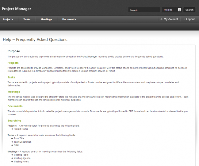 Project Manager - Photo of FAQs Page